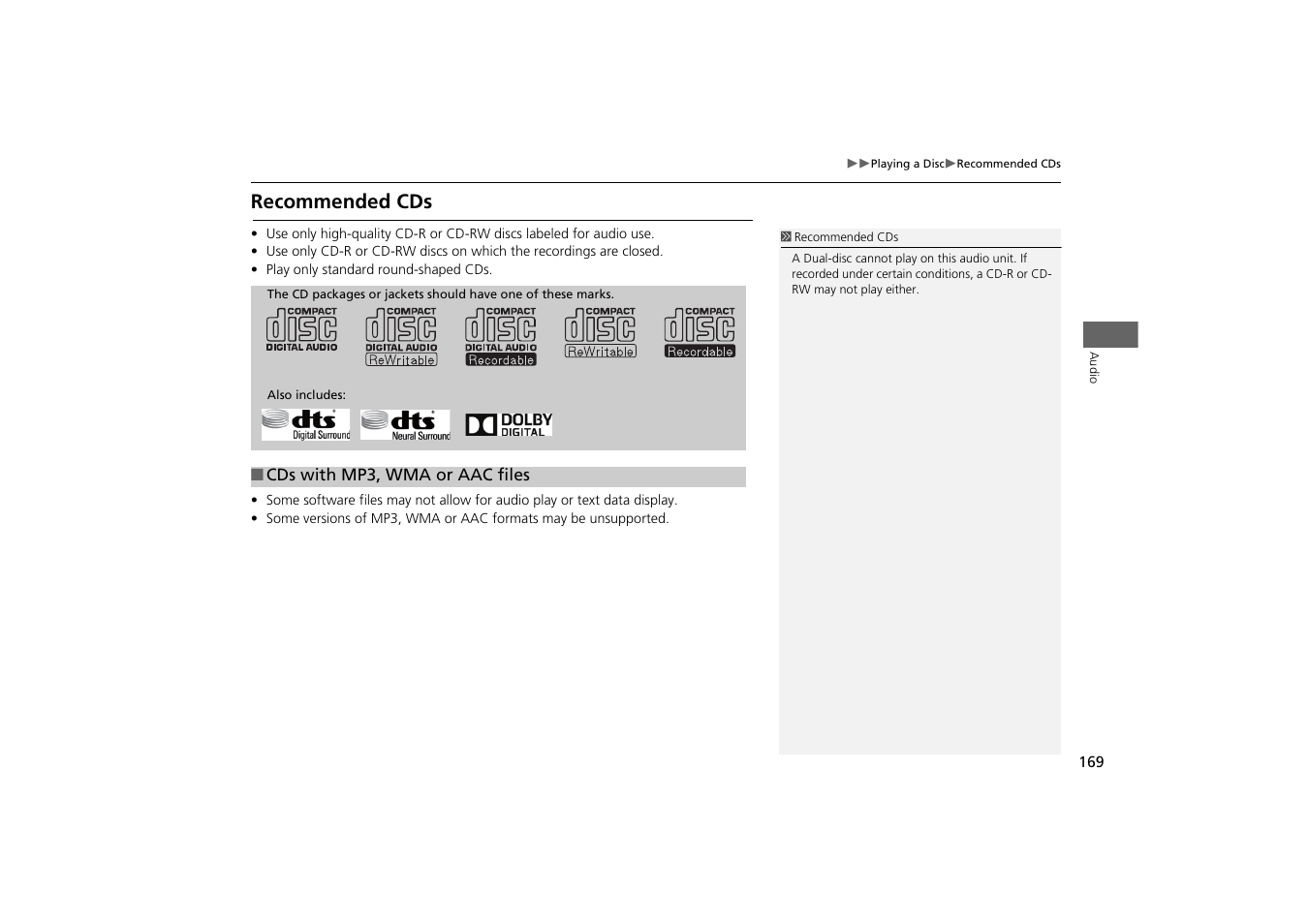 Recommended cds | Acura 2014 MDX - Navigation Manual User Manual | Page 170 / 343