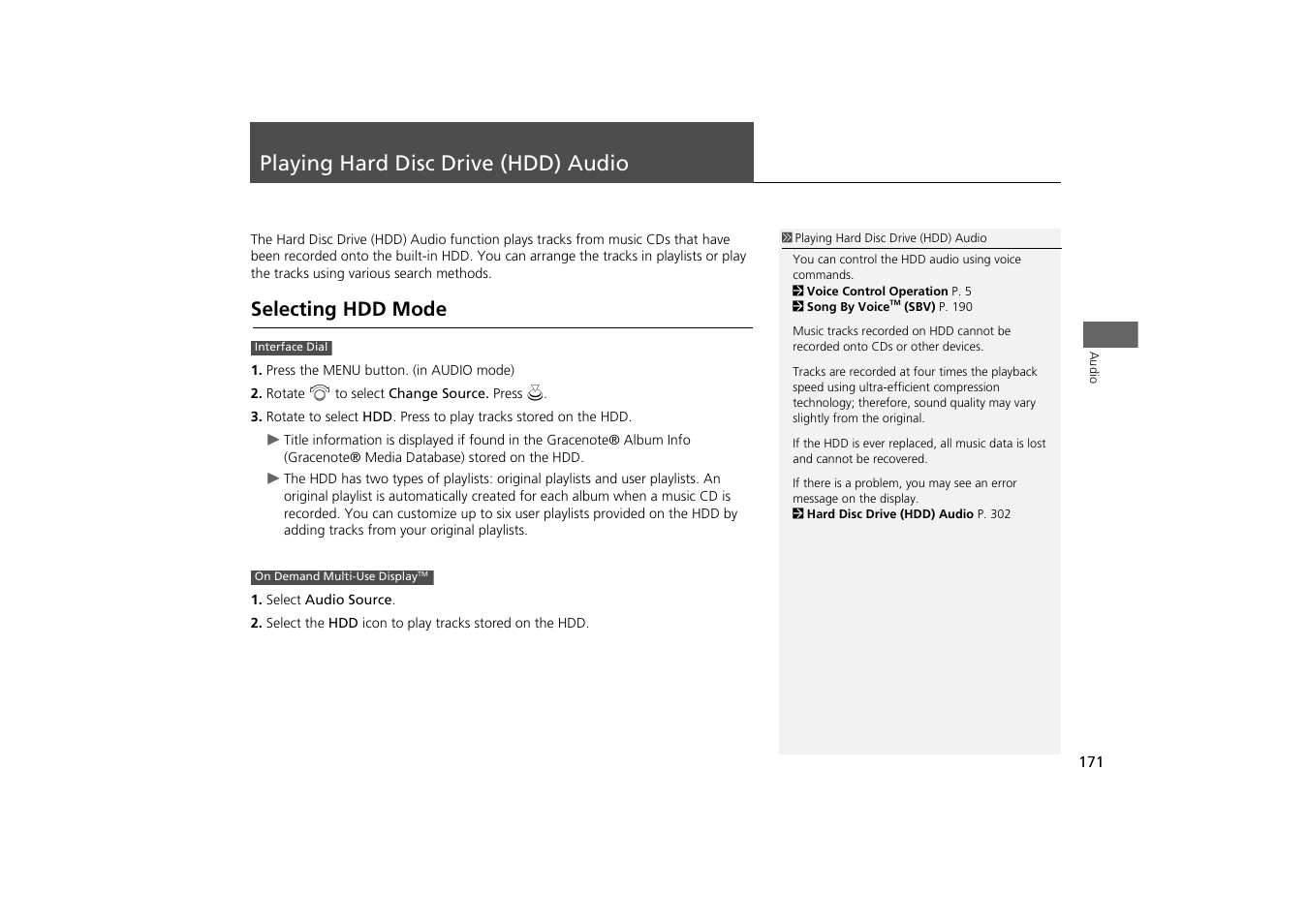 Playing hard disc drive (hdd) audio 171, P171), Playing hard disc drive (hdd) audio | Selecting hdd mode, Playing hard disc drive (hdd), Audio p. 171 | Acura 2014 MDX - Navigation Manual User Manual | Page 172 / 343