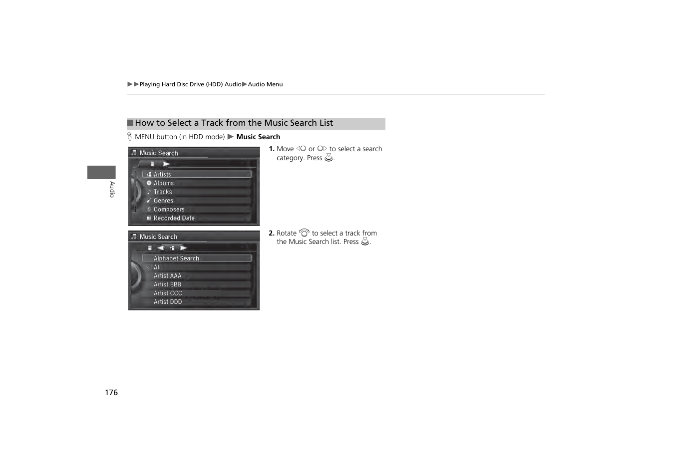 How to select a track from the music search list, P. 176 | Acura 2014 MDX - Navigation Manual User Manual | Page 177 / 343