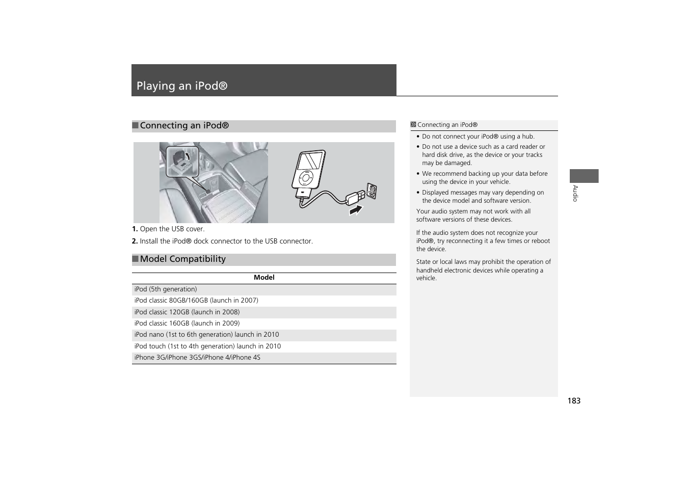 Playing an ipod® 183, P183), Playing an ipod | Acura 2014 MDX - Navigation Manual User Manual | Page 184 / 343