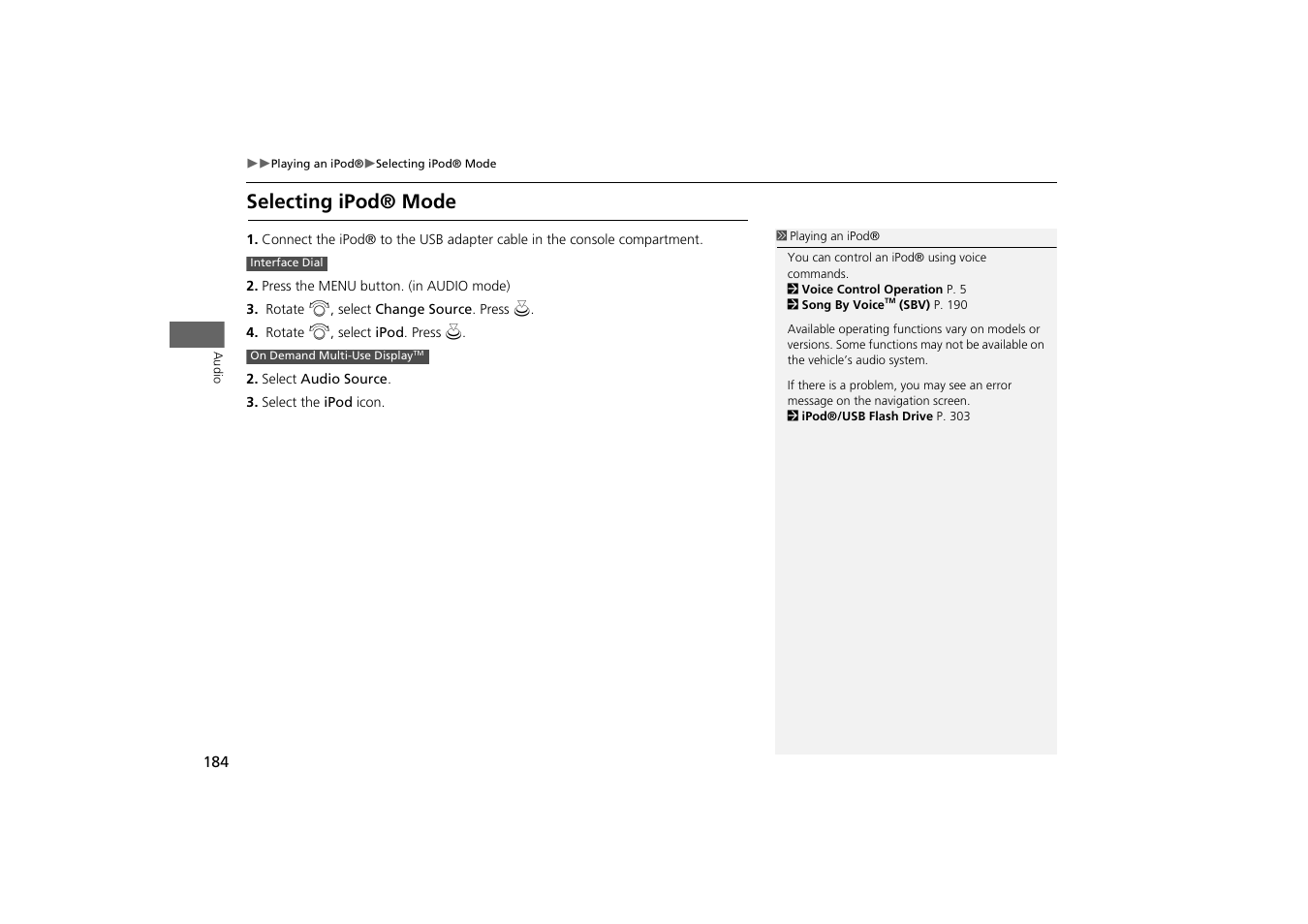 Selecting ipod® mode | Acura 2014 MDX - Navigation Manual User Manual | Page 185 / 343