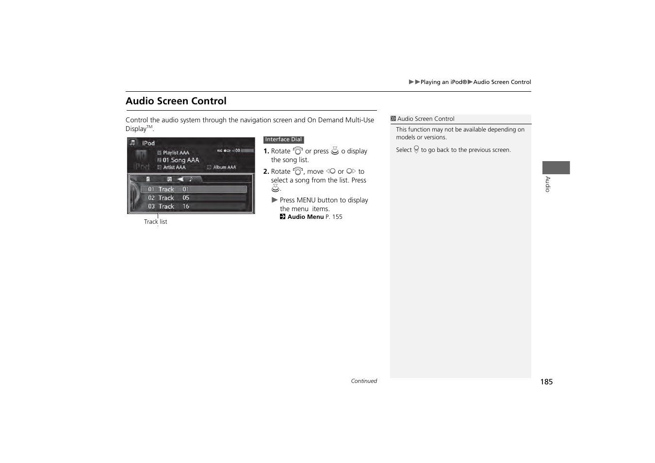 Audio screen control | Acura 2014 MDX - Navigation Manual User Manual | Page 186 / 343