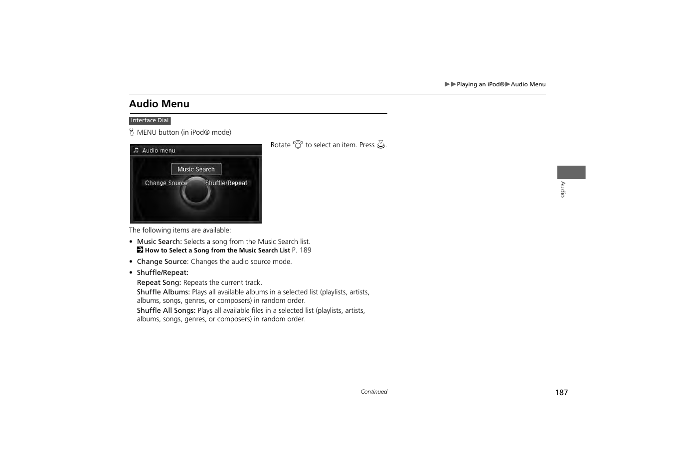 Audio menu | Acura 2014 MDX - Navigation Manual User Manual | Page 188 / 343