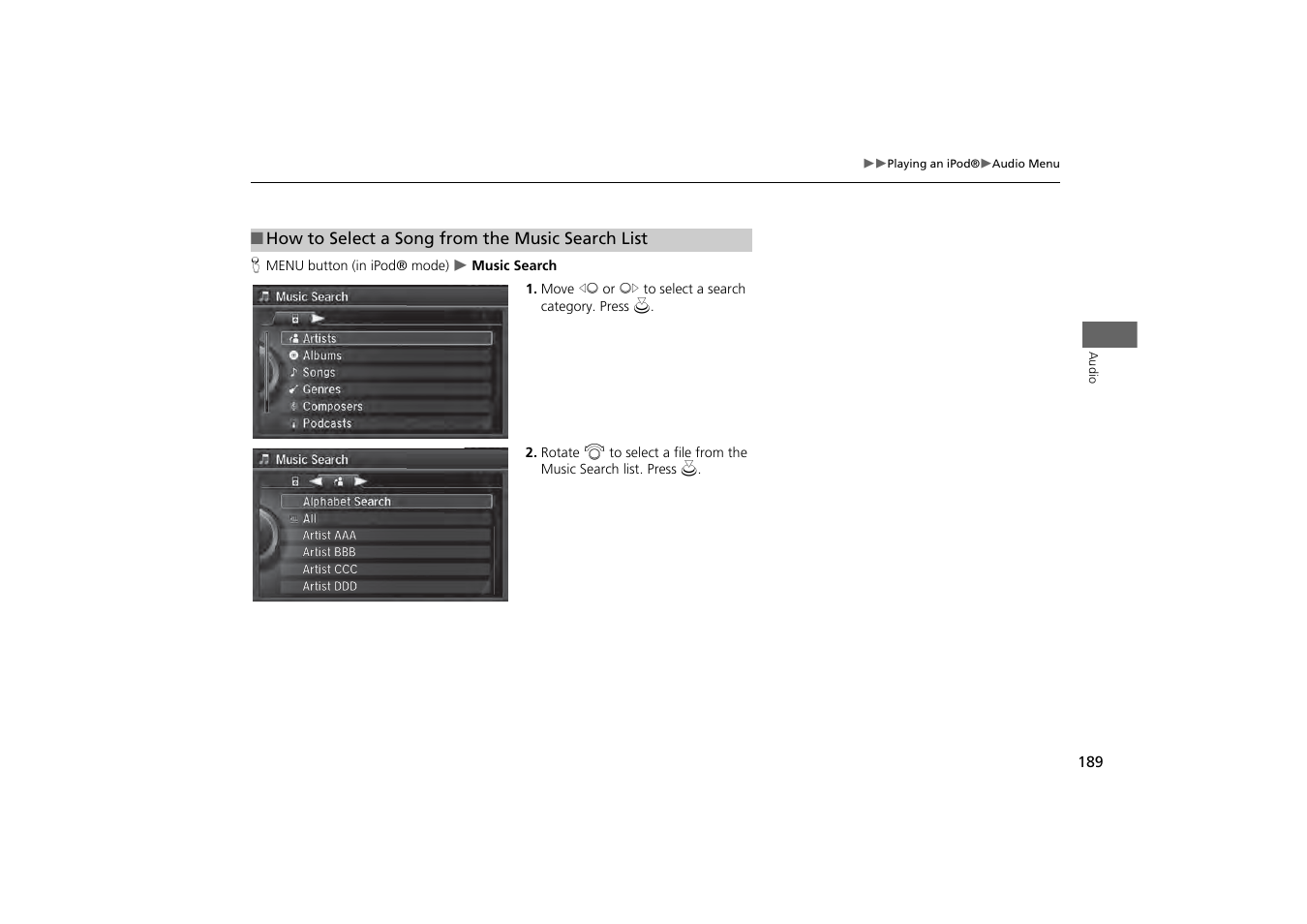 Ch list, How to select a song from the music search list, P. 189 | Acura 2014 MDX - Navigation Manual User Manual | Page 190 / 343