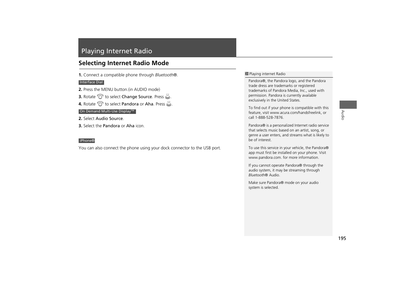 Playing internet radio 195, P195), Playing internet radio | Selecting internet radio mode | Acura 2014 MDX - Navigation Manual User Manual | Page 196 / 343