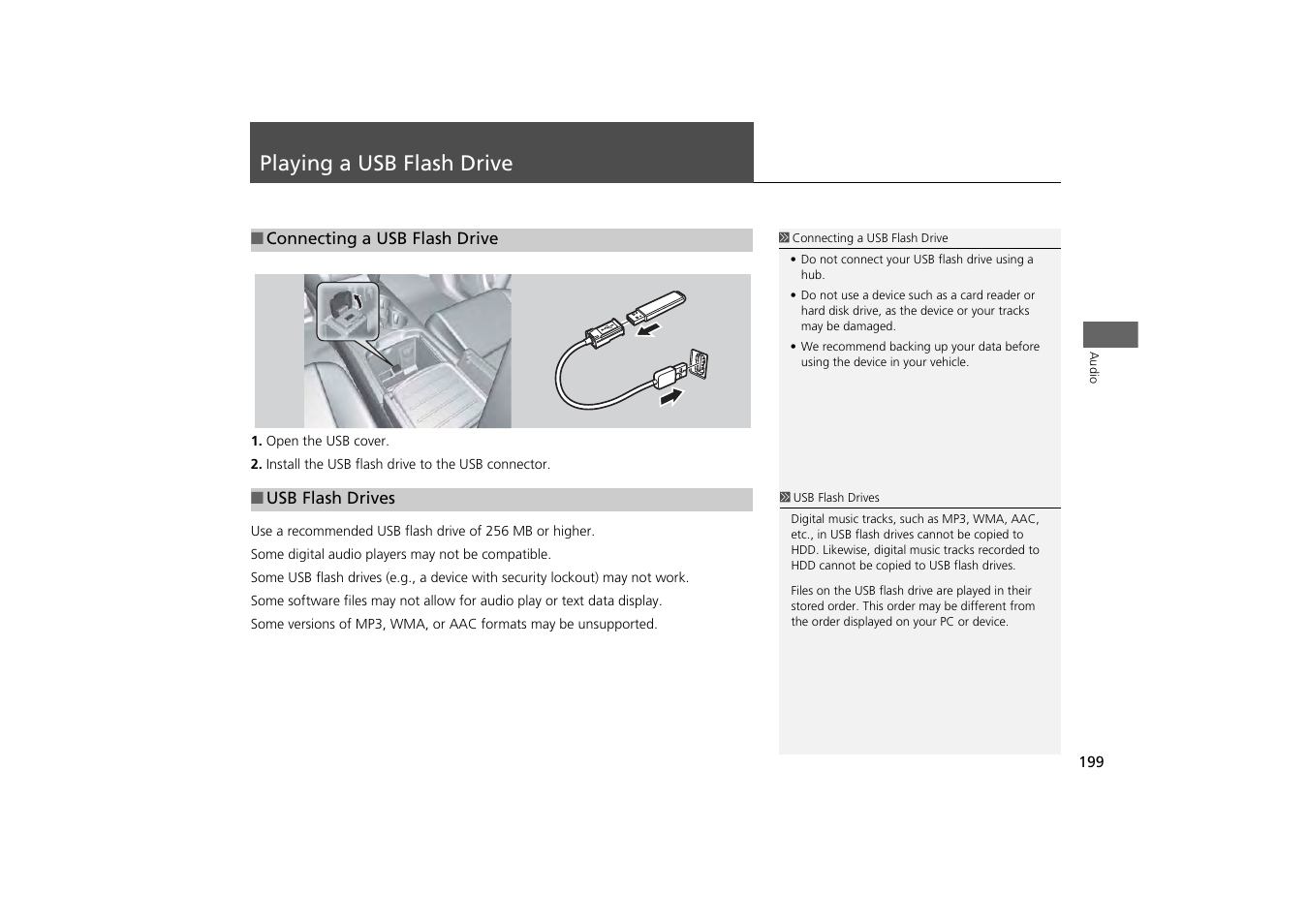 Playing a usb flash drive 199, P199), Playing a usb flash drive | Acura 2014 MDX - Navigation Manual User Manual | Page 200 / 343