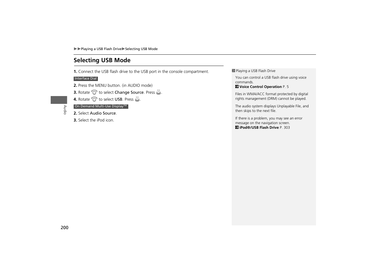 Selecting usb mode | Acura 2014 MDX - Navigation Manual User Manual | Page 201 / 343