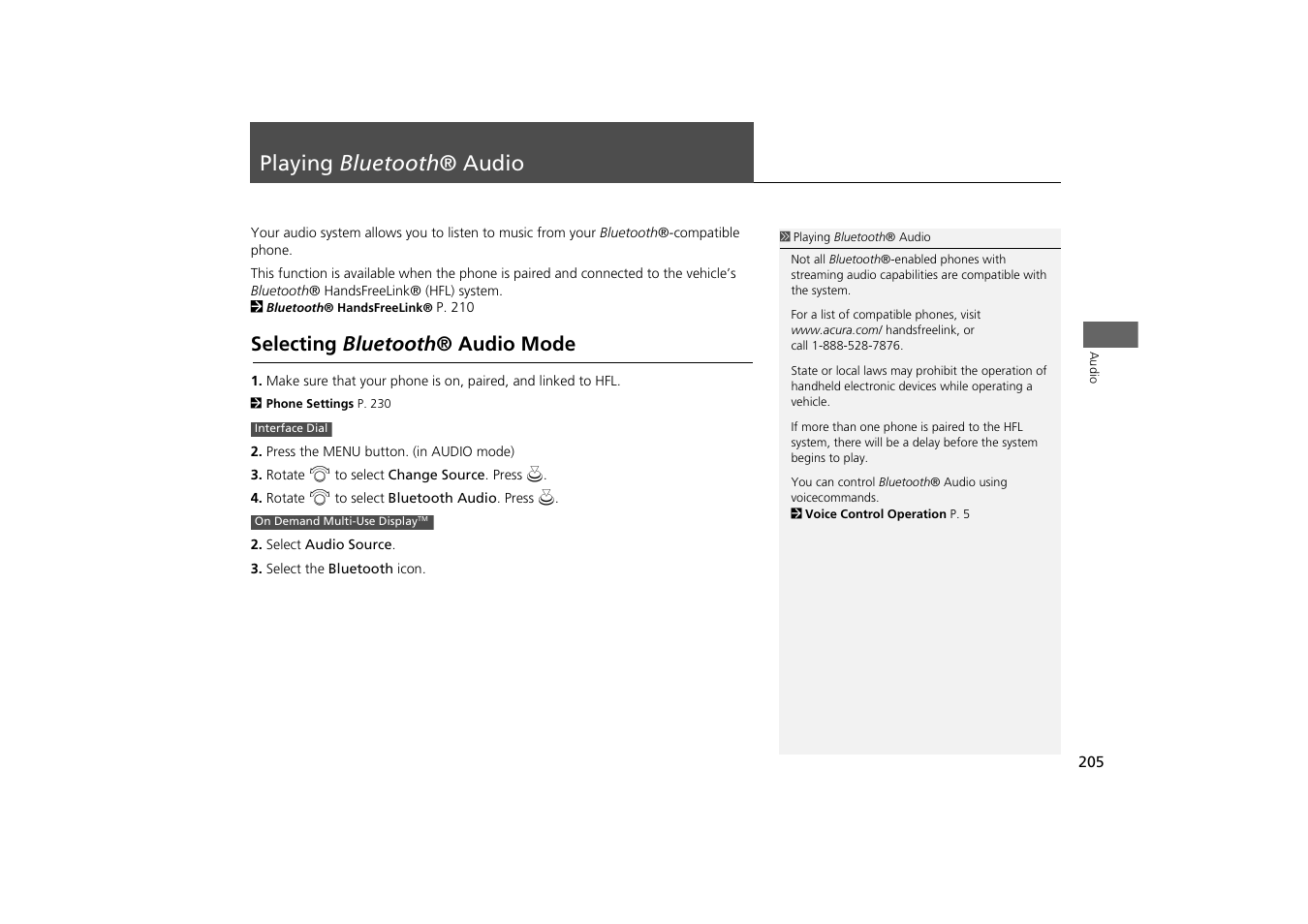 Playing bluetooth ® audio 205, P205), Playing bluetooth ® audio | Selecting bluetooth ® audio mode | Acura 2014 MDX - Navigation Manual User Manual | Page 206 / 343