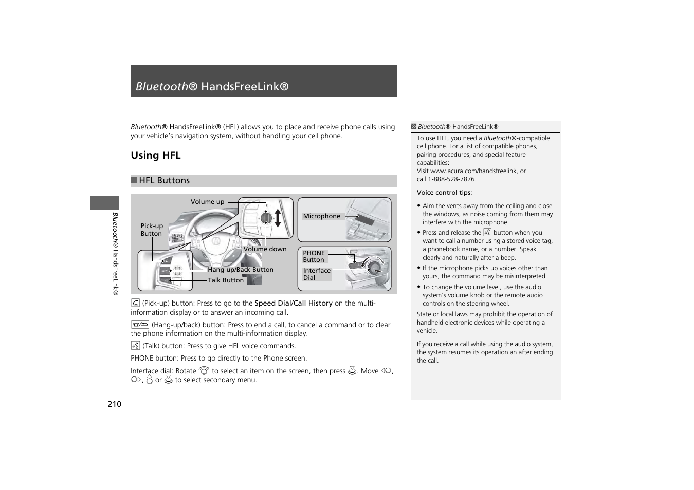 Bluetooth ® handsfreelink® 210, P210), 2 bluetooth ® handsfreelink® p. 210 | Bluetooth ® handsfreelink, P. 210, Using hfl | Acura 2014 MDX - Navigation Manual User Manual | Page 211 / 343