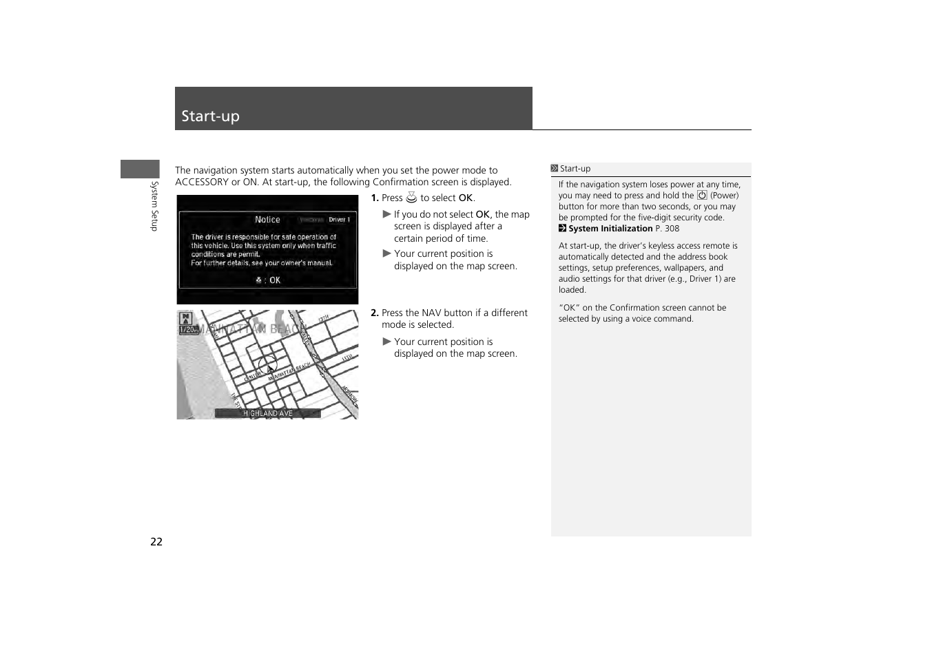 Start-up 22, Start-up | Acura 2014 MDX - Navigation Manual User Manual | Page 23 / 343