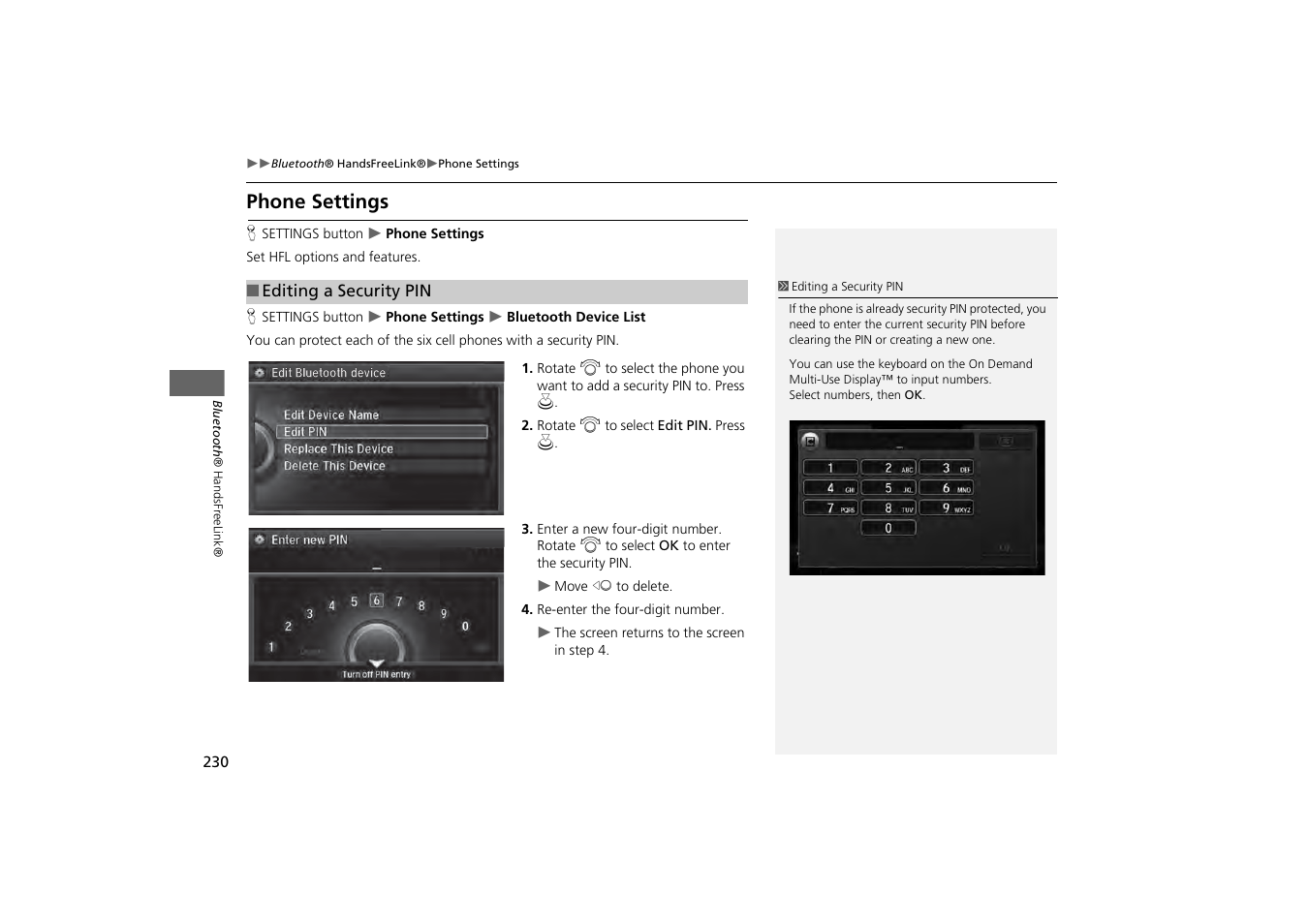 Phone settings p. 230, Phone settings | Acura 2014 MDX - Navigation Manual User Manual | Page 231 / 343