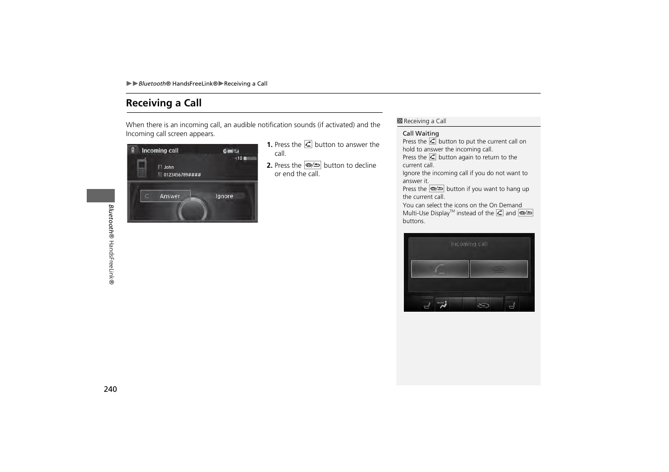 Receiving a call | Acura 2014 MDX - Navigation Manual User Manual | Page 241 / 343