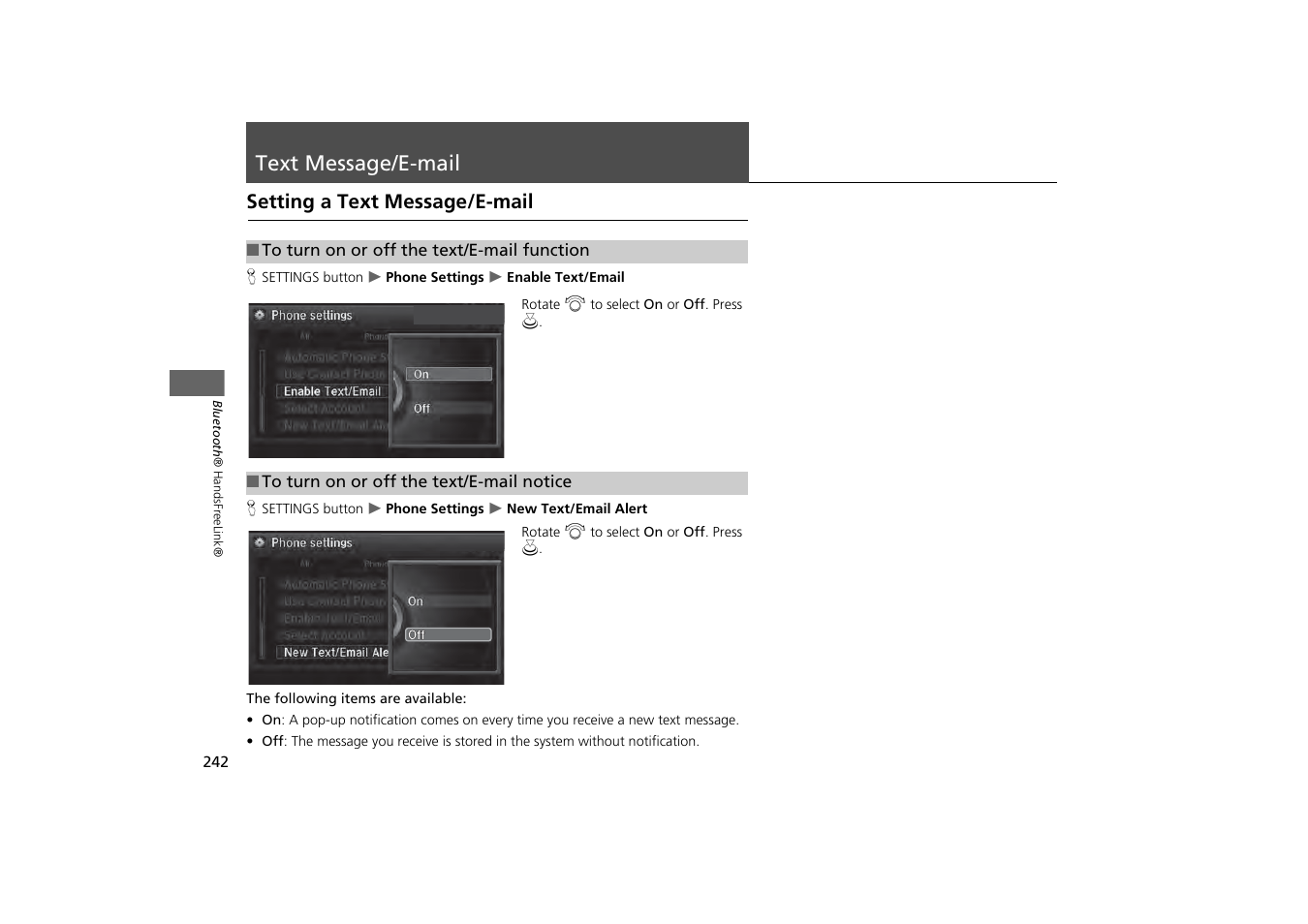 Text message/e-mail 242, Text message/e-mail, Setting a text message/e-mail | Acura 2014 MDX - Navigation Manual User Manual | Page 243 / 343