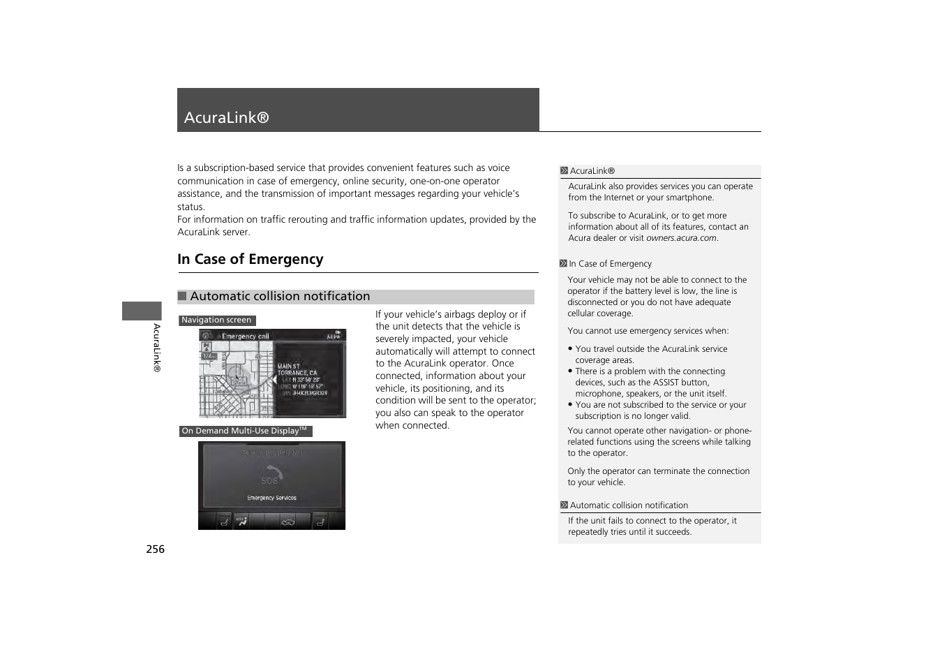 Acuralink® 256, Acuralink, P256) | On. 2 acuralink® p. 256, In case of emergency | Acura 2014 MDX - Navigation Manual User Manual | Page 257 / 343