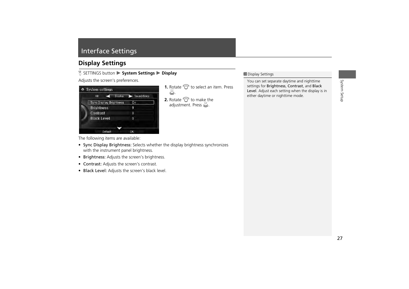 Interface settings 27, Interface settings, Display settings | Acura 2014 MDX - Navigation Manual User Manual | Page 28 / 343