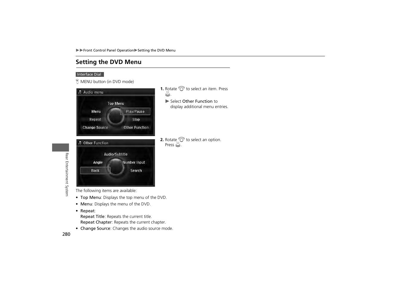 Setting the dvd menu | Acura 2014 MDX - Navigation Manual User Manual | Page 281 / 343