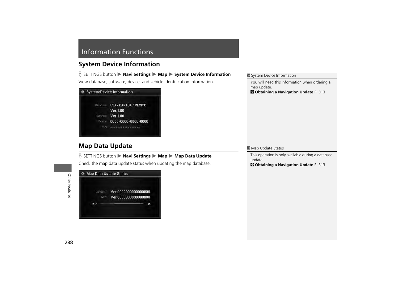 Information functions 288, Cation information. 2, System device information | P. 288, Database. 2, Map data update, Information functions, System device information map data update | Acura 2014 MDX - Navigation Manual User Manual | Page 289 / 343