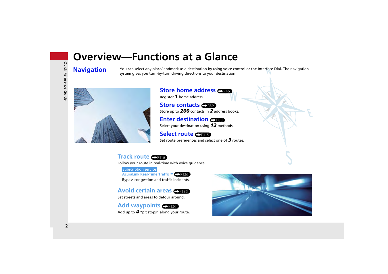 Overview—functions at a glance, Navigation | Acura 2014 MDX - Navigation Manual User Manual | Page 3 / 343