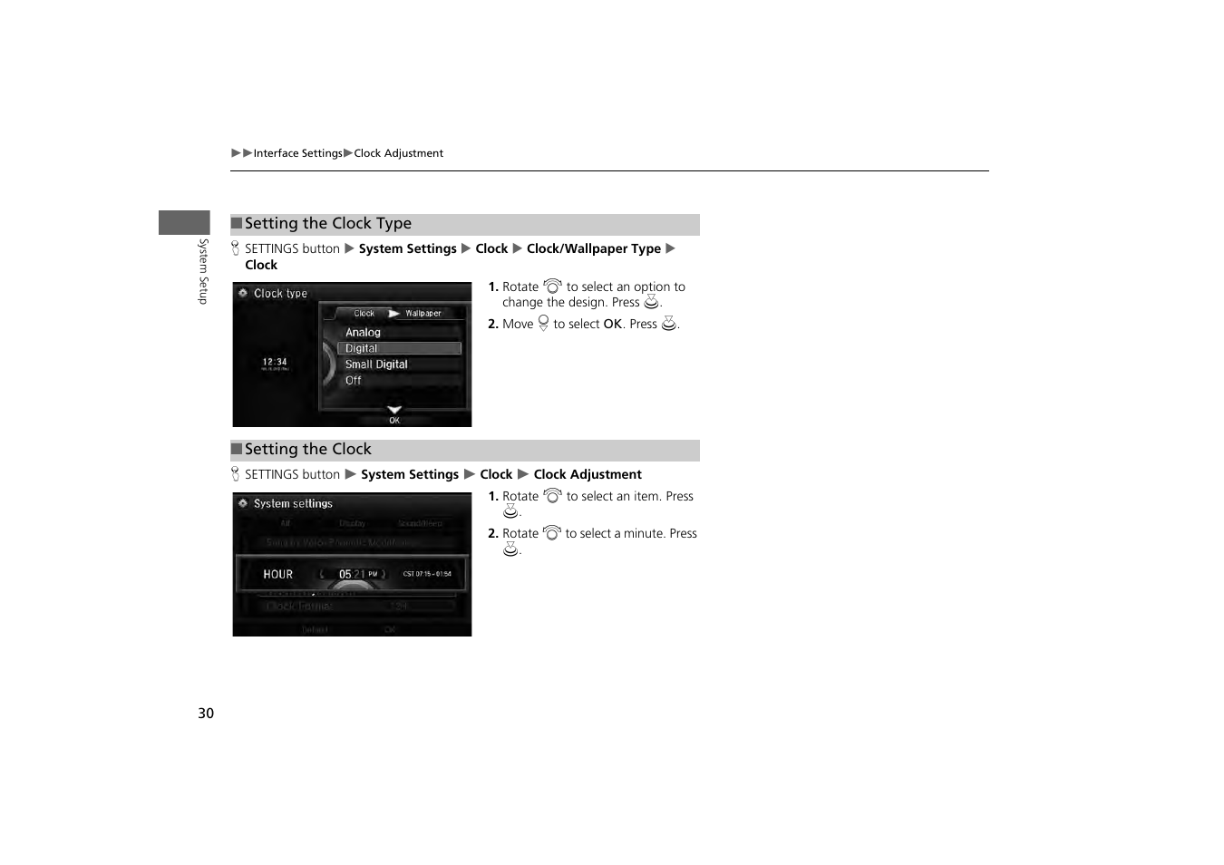 Setting the clock type, P. 30, Setting the clock | Acura 2014 MDX - Navigation Manual User Manual | Page 31 / 343