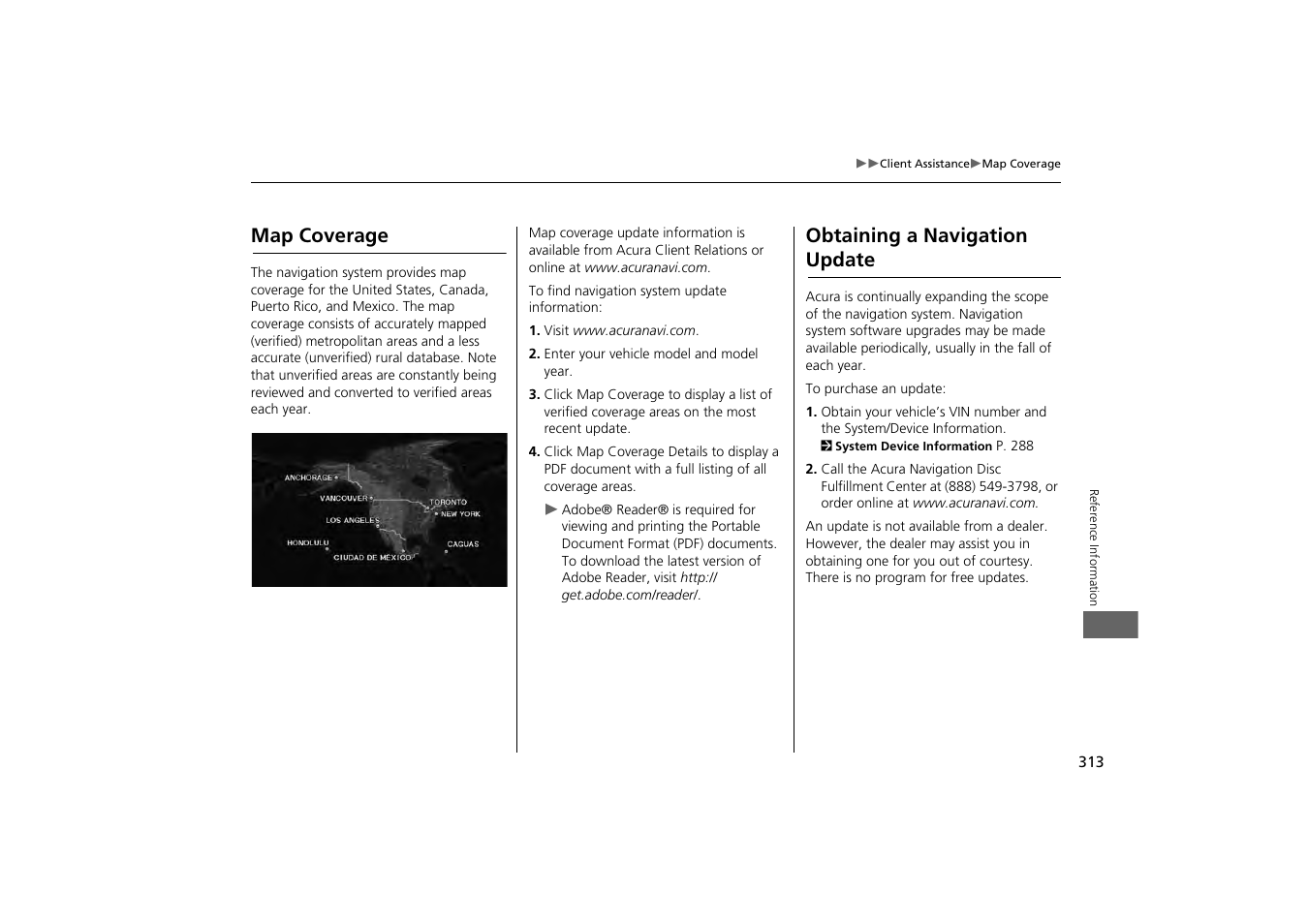 2 map coverage p. 313, Map coverage obtaining a navigation update, 2 obtaining a navigation update | P. 313, Map coverage, Obtaining a navigation update | Acura 2014 MDX - Navigation Manual User Manual | Page 314 / 343