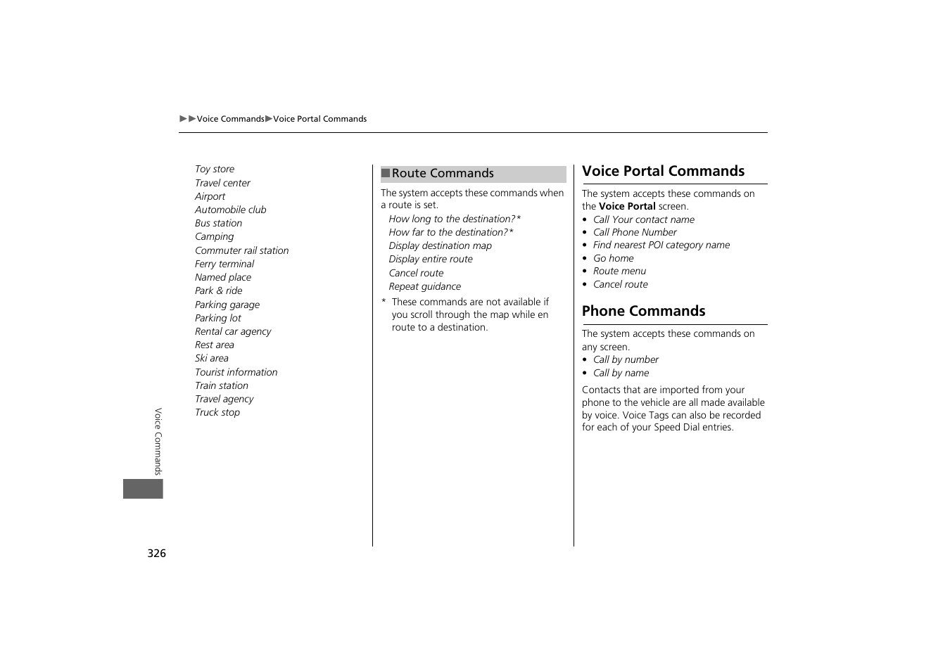 2 route commands p. 326, Voice portal commands phone commands, Voice portal commands | Phone commands | Acura 2014 MDX - Navigation Manual User Manual | Page 327 / 343