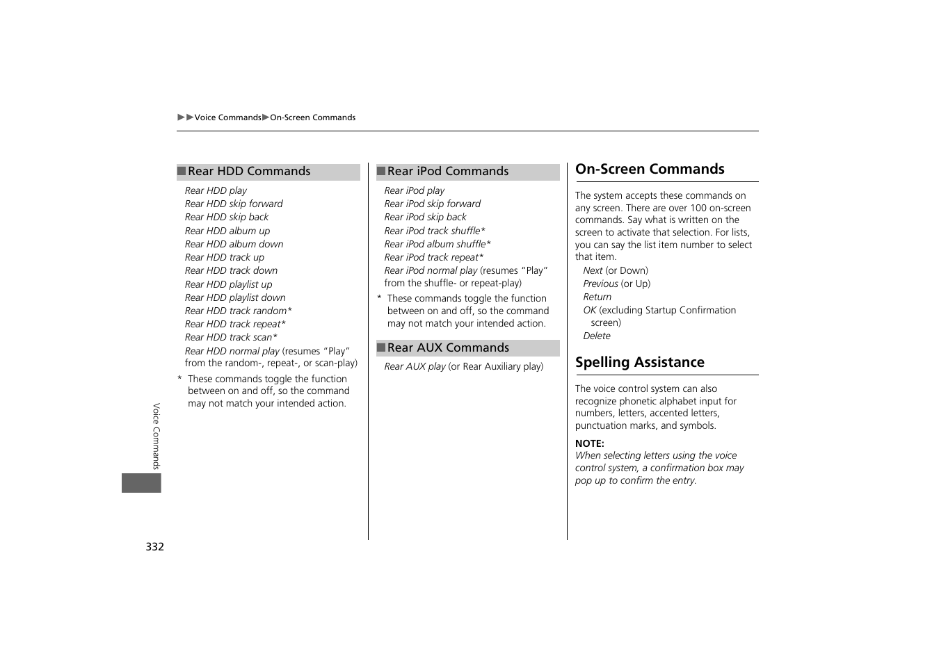 On-screen commands spelling assistance, On-screen commands, Spelling assistance | Acura 2014 MDX - Navigation Manual User Manual | Page 333 / 343