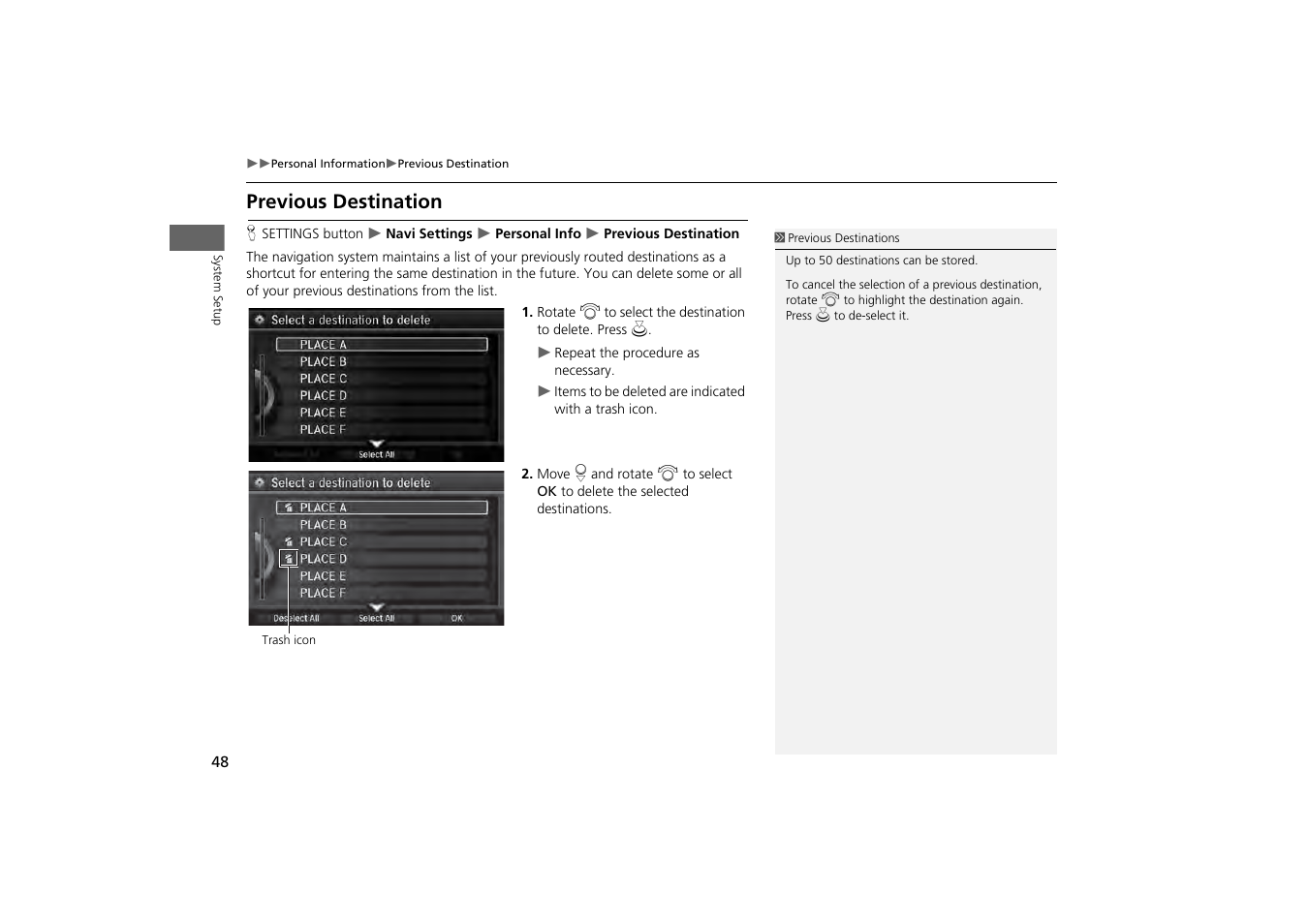 Previous destination, History, P. 48 | Acura 2014 MDX - Navigation Manual User Manual | Page 49 / 343
