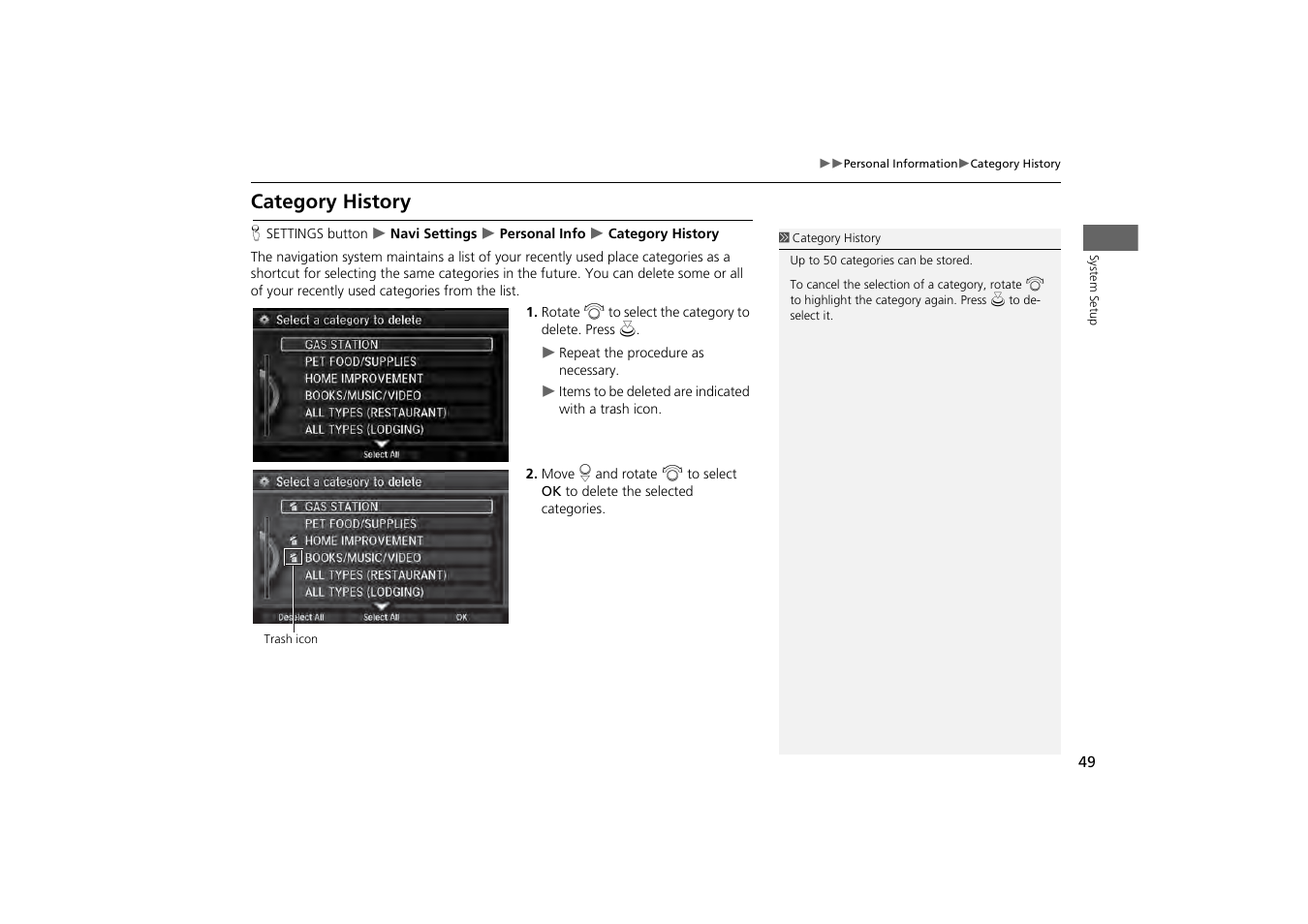 Category history, P. 49 | Acura 2014 MDX - Navigation Manual User Manual | Page 50 / 343