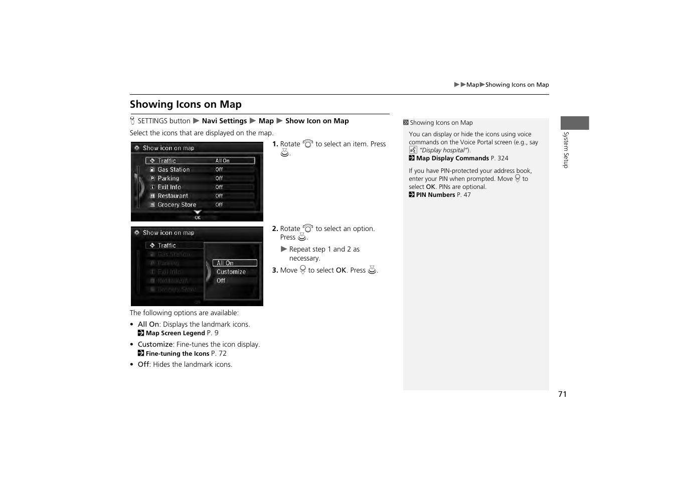 P71), Showing icons on map, P. 71 | Acura 2014 MDX - Navigation Manual User Manual | Page 72 / 343