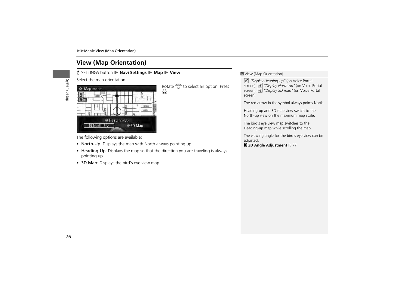 P76), View (map orientation), Map) | P. 76 | Acura 2014 MDX - Navigation Manual User Manual | Page 77 / 343