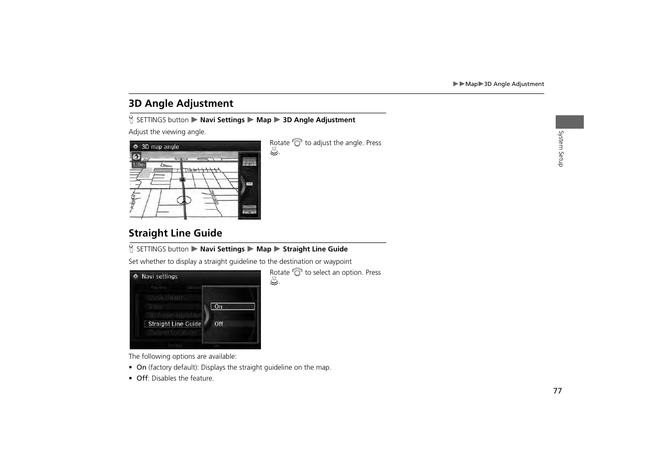 3d angle adjustment straight line guide, 3d angle adjustment, P. 77 | Nt. 2, Straight line guide | Acura 2014 MDX - Navigation Manual User Manual | Page 78 / 343