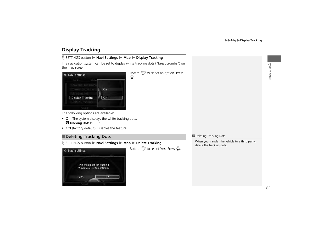 Display tracking, E map, P. 83 | Deleting tracking dots | Acura 2014 MDX - Navigation Manual User Manual | Page 84 / 343