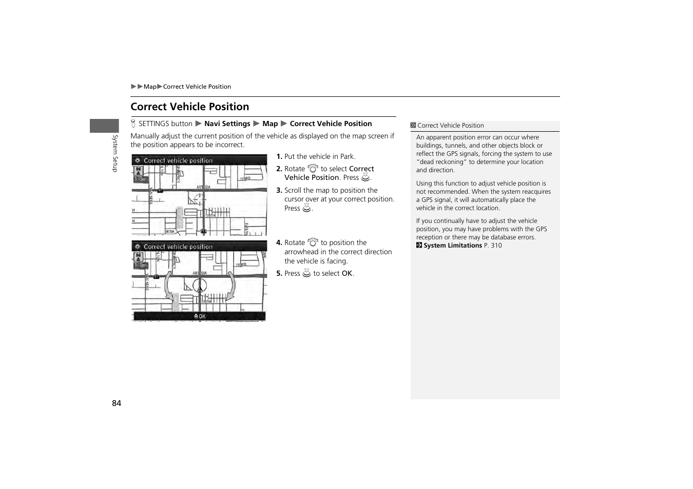 Correct vehicle position, P. 84 | Acura 2014 MDX - Navigation Manual User Manual | Page 85 / 343