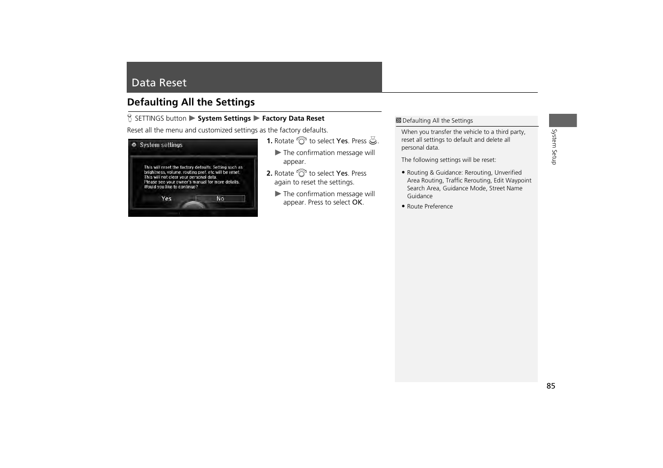 Data reset 85, Data reset, Defaulting all the settings | Acura 2014 MDX - Navigation Manual User Manual | Page 86 / 343