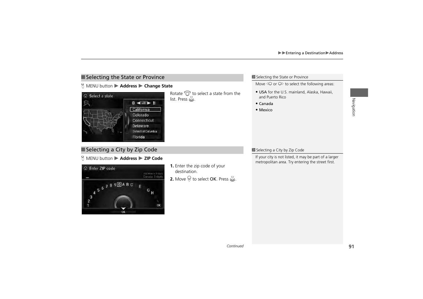 The city, 2 selecting a city by zip code, P. 91 | 2 selecting the state or province | Acura 2014 MDX - Navigation Manual User Manual | Page 92 / 343