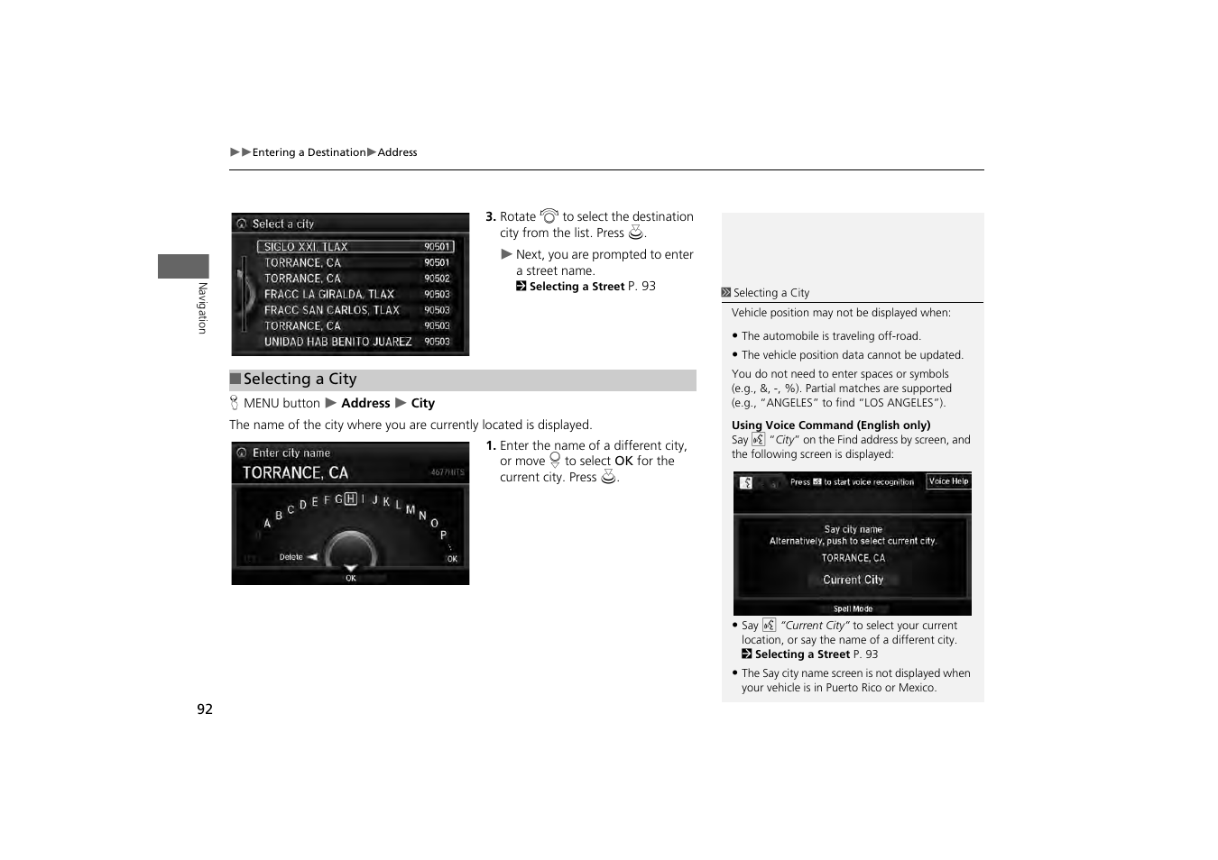 2 selecting a city, P. 92 | Acura 2014 MDX - Navigation Manual User Manual | Page 93 / 343