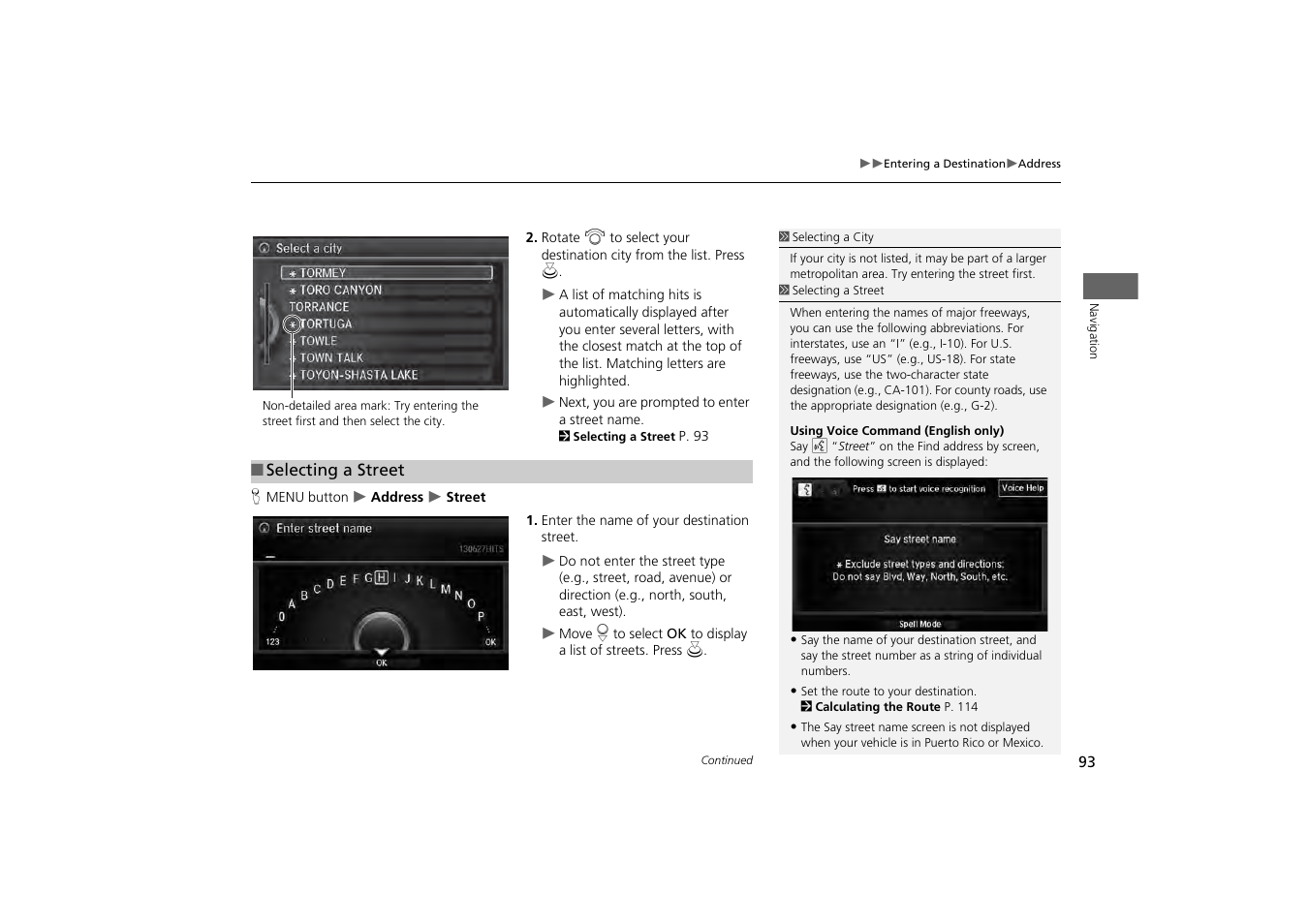 Reet, 2 selecting a street, P. 93 | Acura 2014 MDX - Navigation Manual User Manual | Page 94 / 343