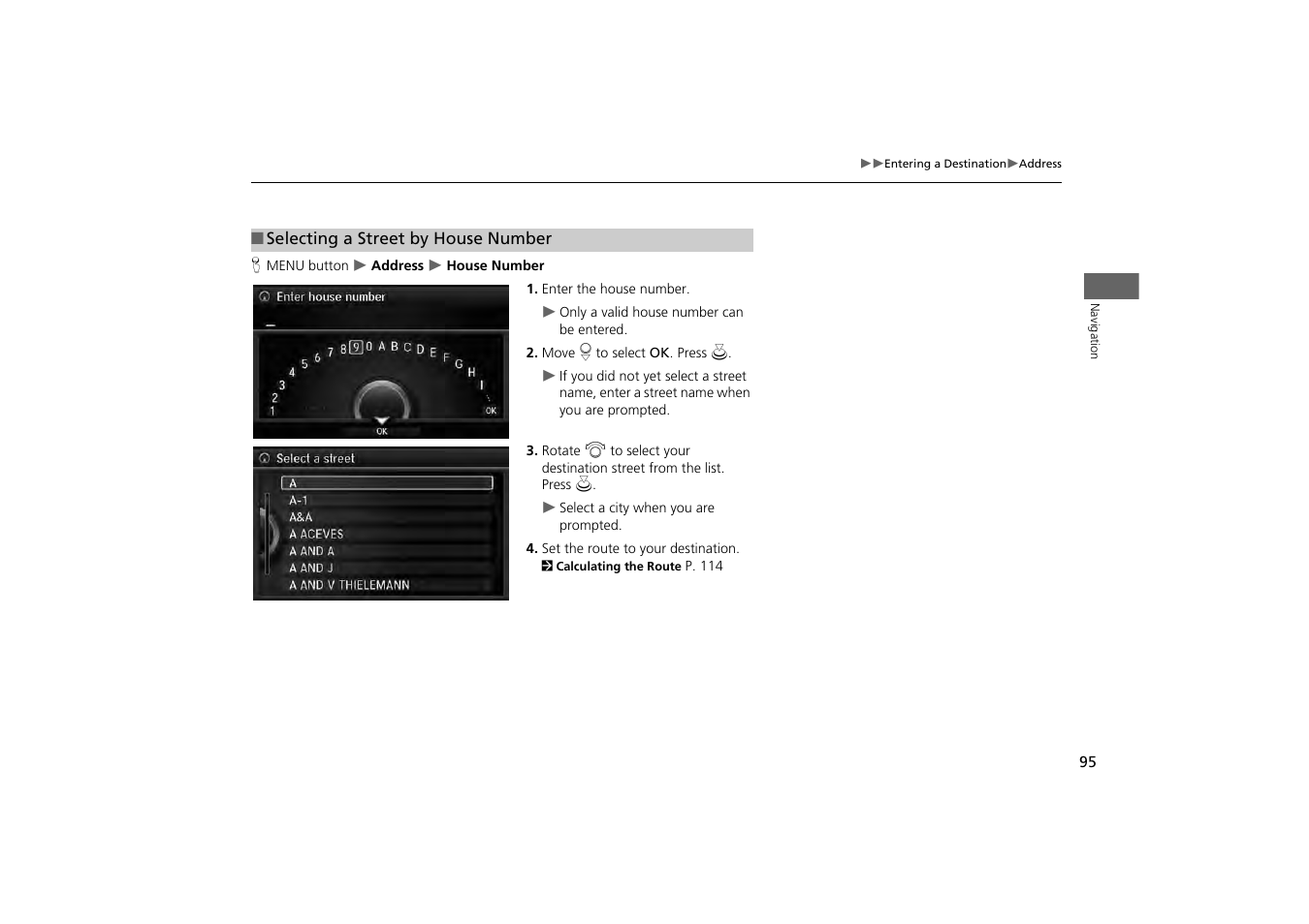 2 selecting a street by house number, P. 95 | Acura 2014 MDX - Navigation Manual User Manual | Page 96 / 343