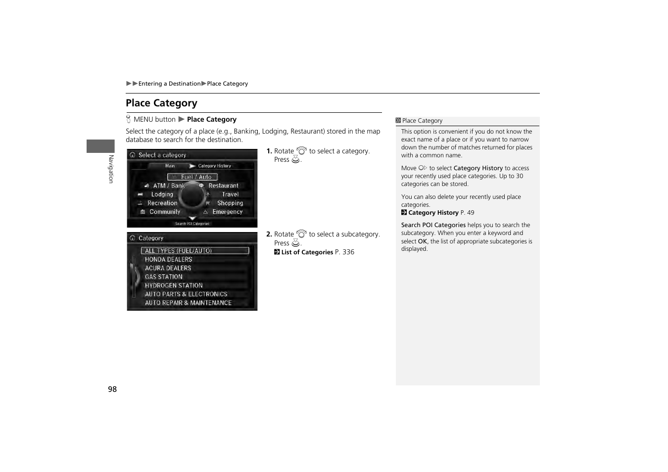 Ng). 2, Place category, P. 98 | 2 place category | Acura 2014 MDX - Navigation Manual User Manual | Page 99 / 343