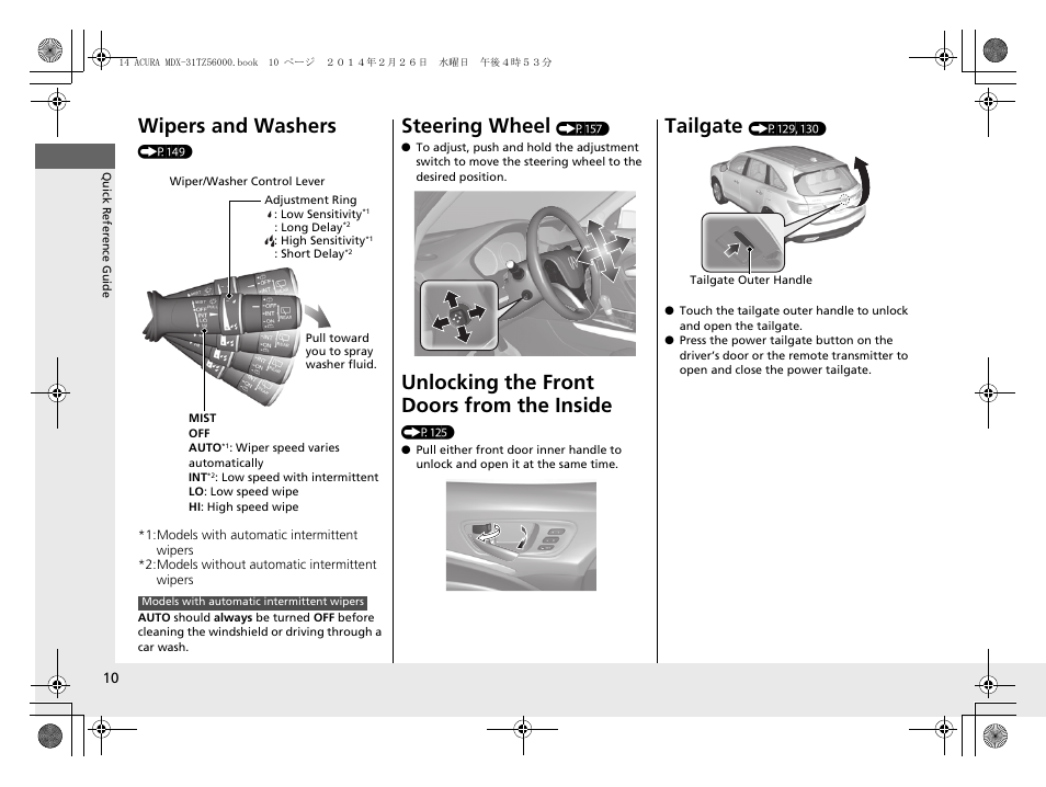 Wipers and washers, Steering wheel, Unlocking the front doors from the inside | Tailgate | Acura 2014 MDX - Owner's Manual User Manual | Page 11 / 501