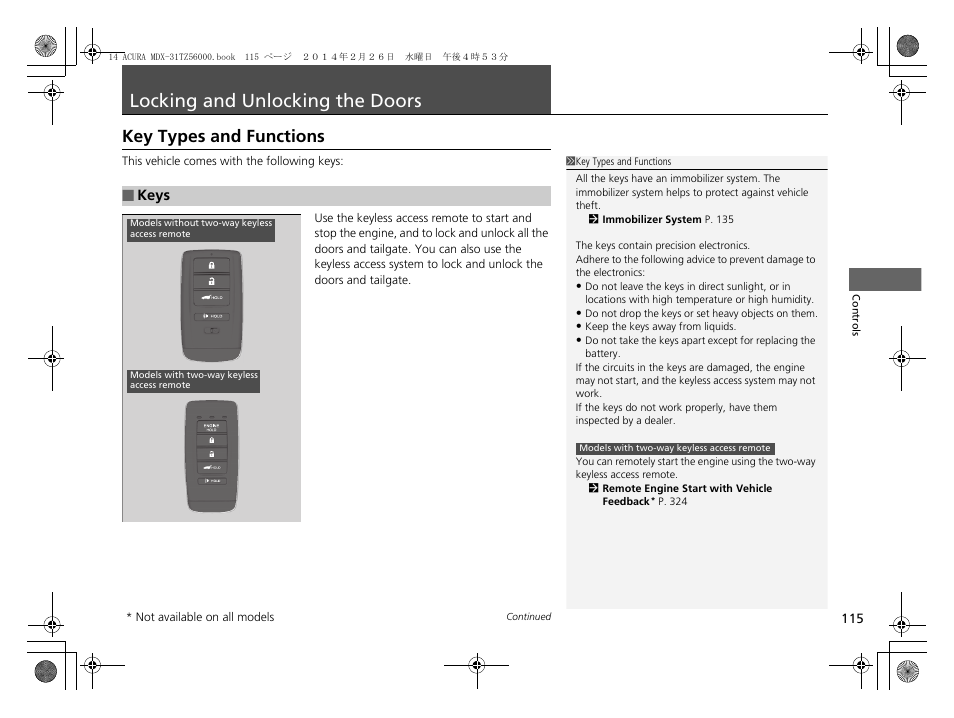 Locking and unlocking the doors p. 115, Locking and unlocking the doors, Key types and functions | Acura 2014 MDX - Owner's Manual User Manual | Page 116 / 501