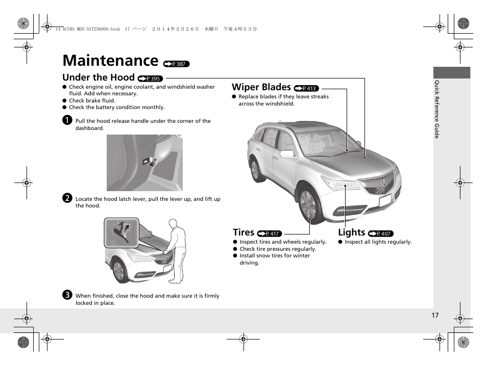 Maintenance (p387 ), Maintenance, Under the hood | Lights, Wiper blades, Tires | Acura 2014 MDX - Owner's Manual User Manual | Page 18 / 501