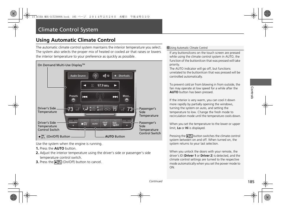 Climate control system p. 185, P185), Climate control system | Using automatic climate control | Acura 2014 MDX - Owner's Manual User Manual | Page 186 / 501