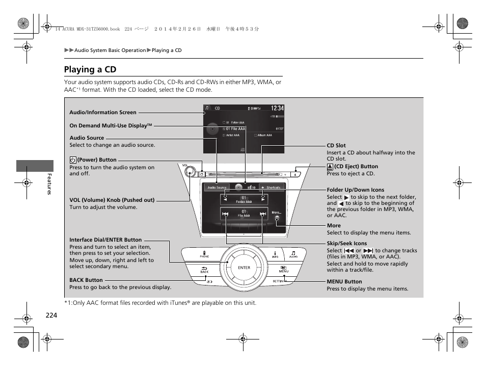 Playing a cd | Acura 2014 MDX - Owner's Manual User Manual | Page 225 / 501
