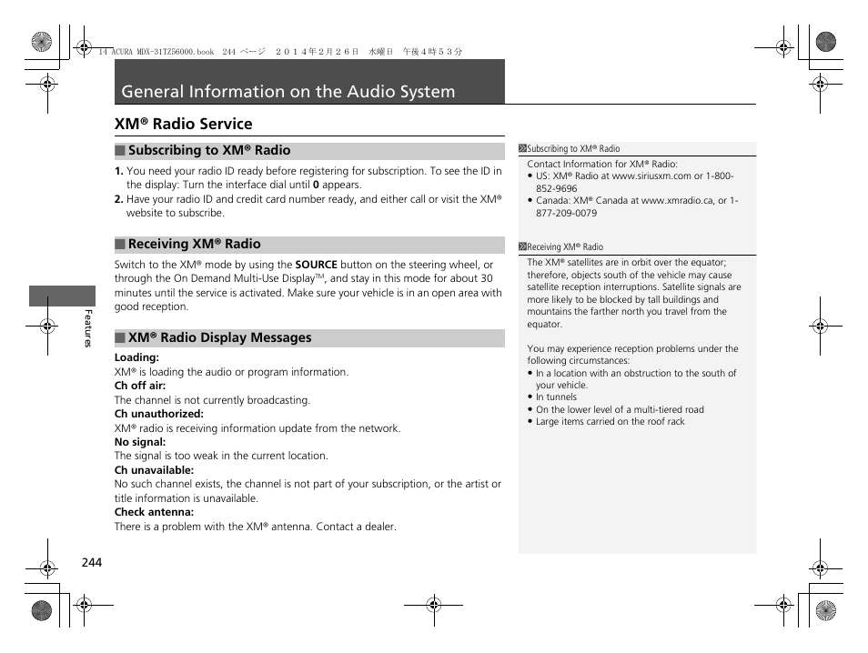 General information on the audio system p. 244, General information on the audio, System | Xm® radio service, General information on the audio system | Acura 2014 MDX - Owner's Manual User Manual | Page 245 / 501