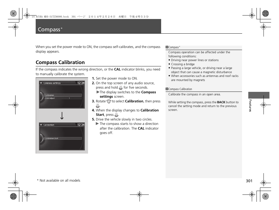 Compass, P. 301, Compass calibration | Acura 2014 MDX - Owner's Manual User Manual | Page 302 / 501