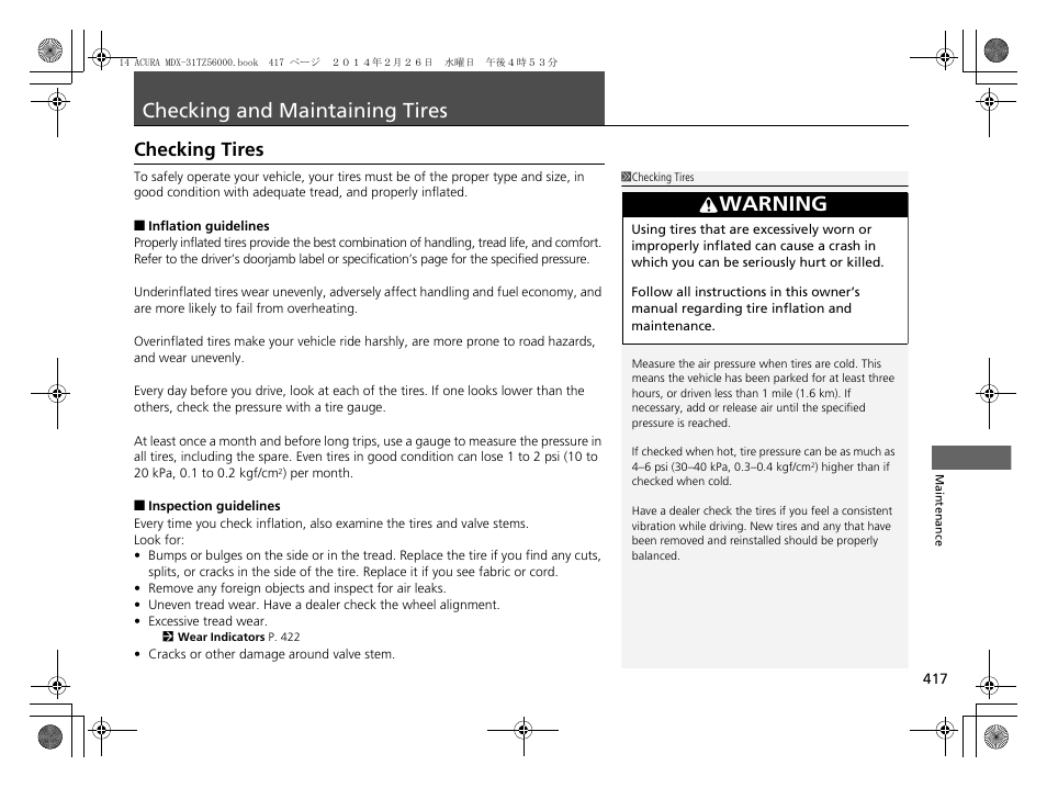 Checking and maintaining tires p. 417, P417, P417) | Checking and maintaining tires, Checking tires, Warning | Acura 2014 MDX - Owner's Manual User Manual | Page 418 / 501