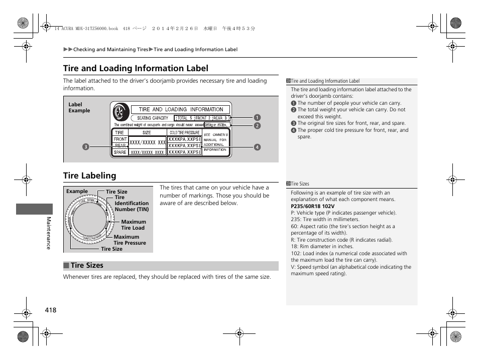 Tire and loading information label tire labeling, Tire and loading information label, Tire labeling | Acura 2014 MDX - Owner's Manual User Manual | Page 419 / 501