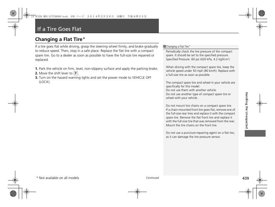 If a tire goes flat p, P439, If a tire goes flat | Changing a flat tire | Acura 2014 MDX - Owner's Manual User Manual | Page 440 / 501