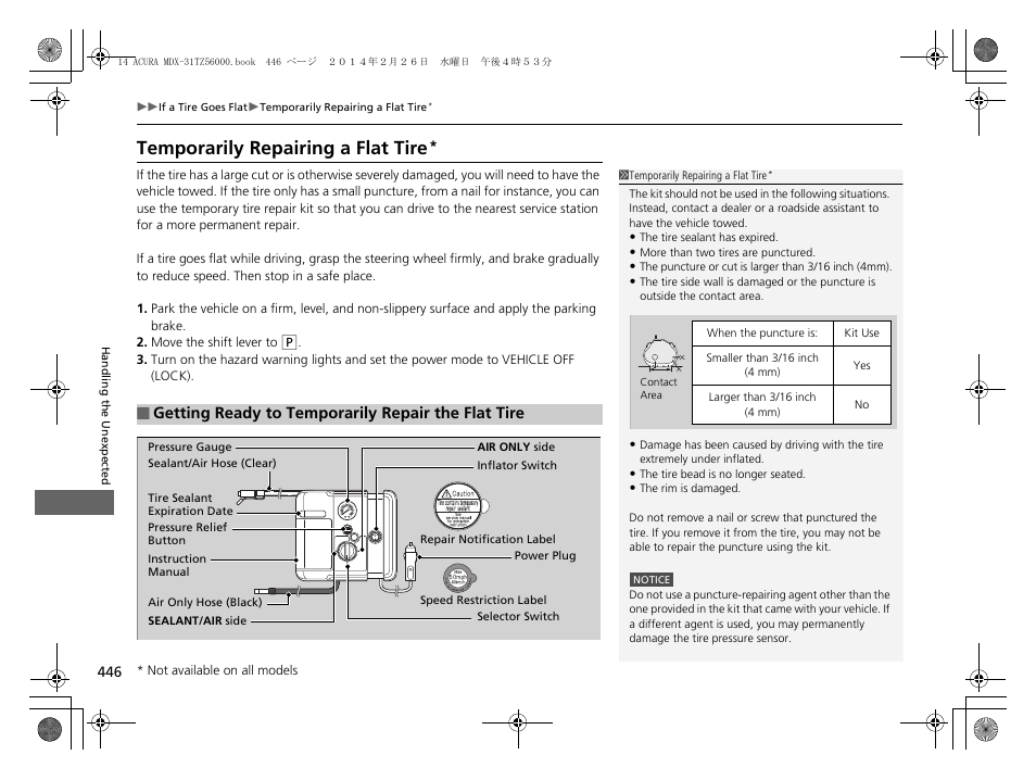 Temporarily repairing a flat tire | Acura 2014 MDX - Owner's Manual User Manual | Page 447 / 501
